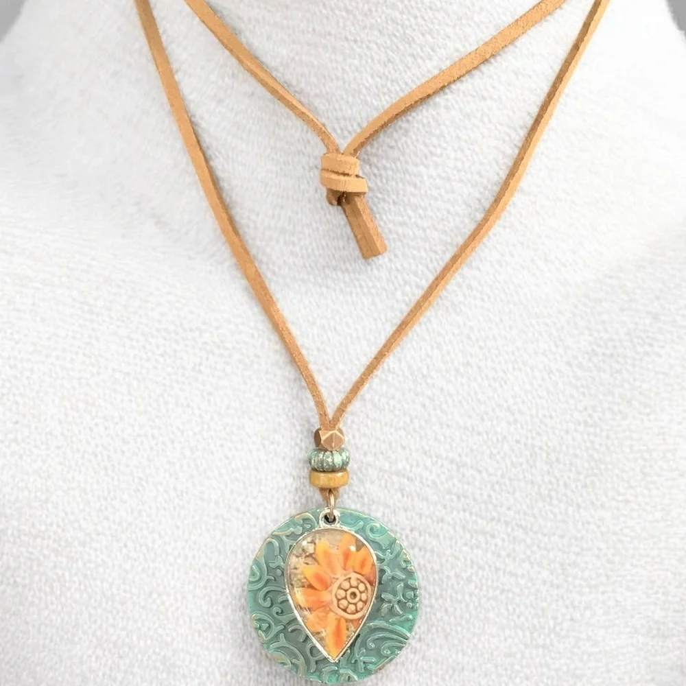 Boho Sunflower Pendant Necklace - Tan Cord, Turquoise & Orange Medallion. NWT - Picture 5 of 8